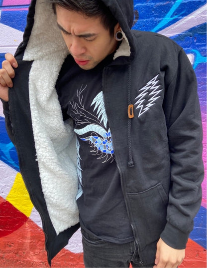 Embroidery Skeleton (Cats) Under the Stars Sherpa Lined Zip-Up Hoodie