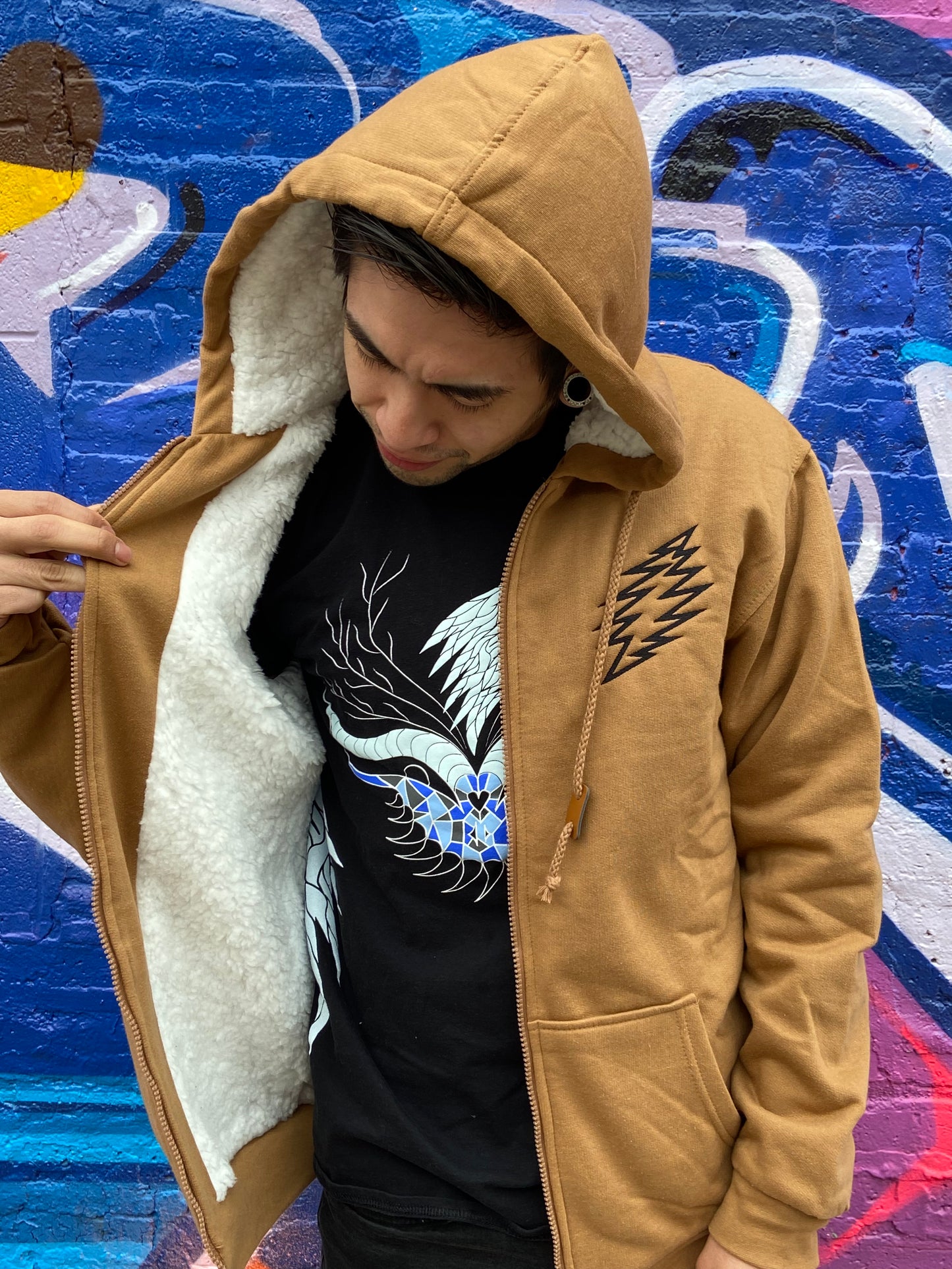 Embroidery Skeleton (Cats) Under the Stars Sherpa Lined Zip-Up Hoodie